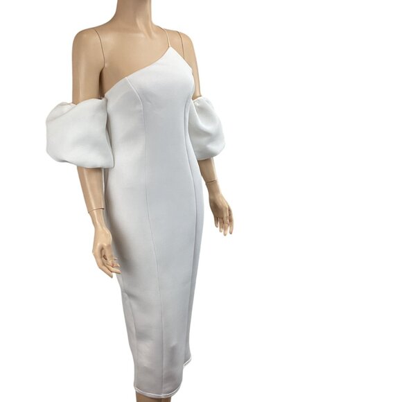 Boohoo White One-Shoulder Puff Sleeve Midi Dress Size 8‎ Bodycon Scuba - Picture 4 of 7